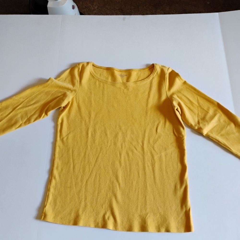 Eileen Fisher XS | Mustard Yellow Cotton | Stretch 3/4 Sleeve Top - Picture 3 of 4